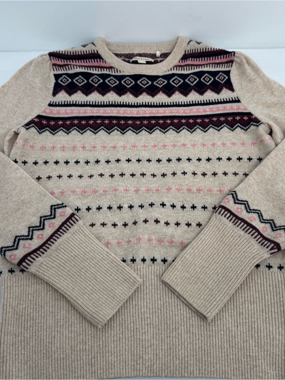 Barbour Womens Birch Knit Sweater US 6 Wool Blend Fair Isle Oatmeal - Picture 10 of 16